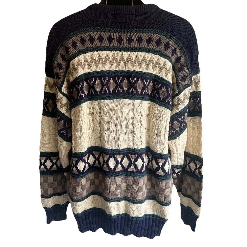 Vtg Royal Knight Grandpa Sweater Abstract Pattern Geometric Checkers Chunky Blue